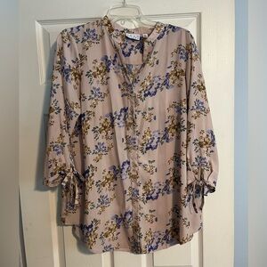 Joan Rivers mauve floral top blouse 10 pink purple tie 3/4 sleeves tunic